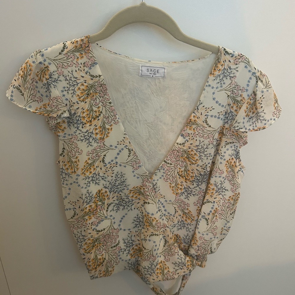 Sage Tan and Gold Flutter Sleeve Wrap Blouse